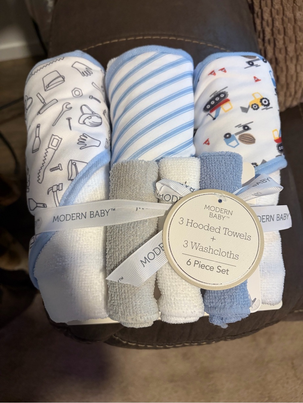 Modern Baby Blue & White 6-Piece Hooded Towel and Washcloth Set